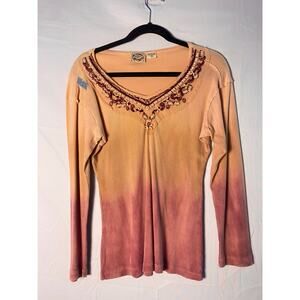 Y2K 24 Karat Cream Orange Pink Ombre V-neck Knit Top Embroidered Details Medium